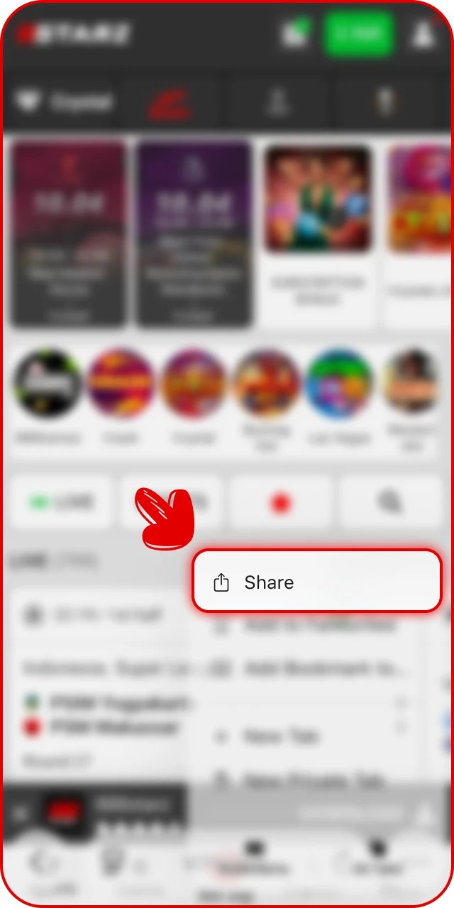 Tap the share button to begin the 888starz App installation.