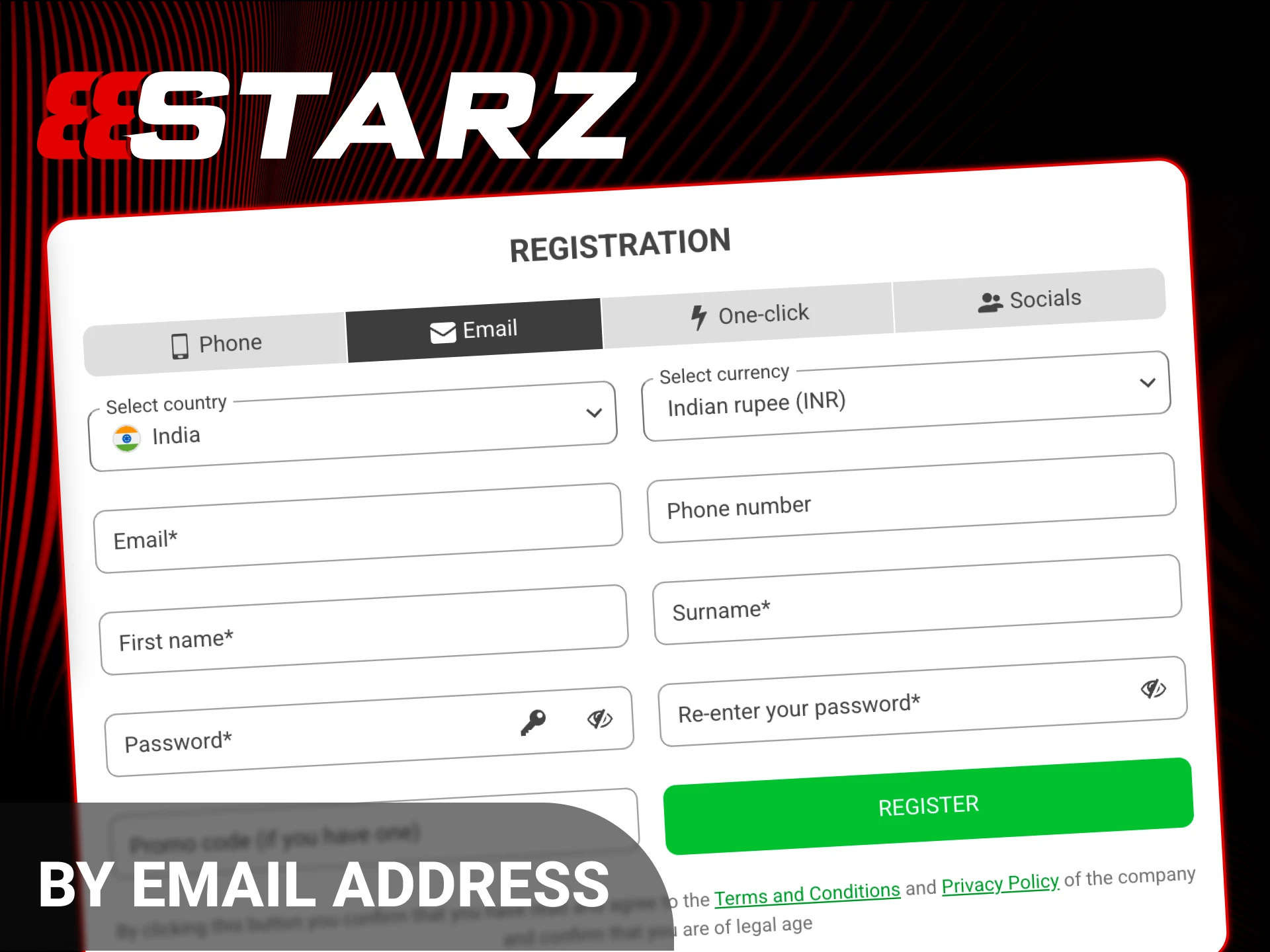 Use your personal email address to finish the 888starz Registration process.