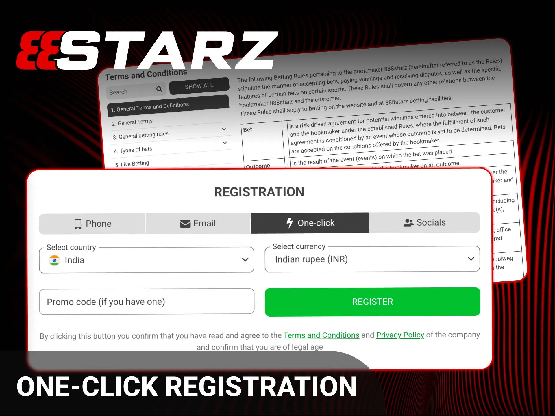 Select the 888starz Registration one-click option for the fastest account creation.