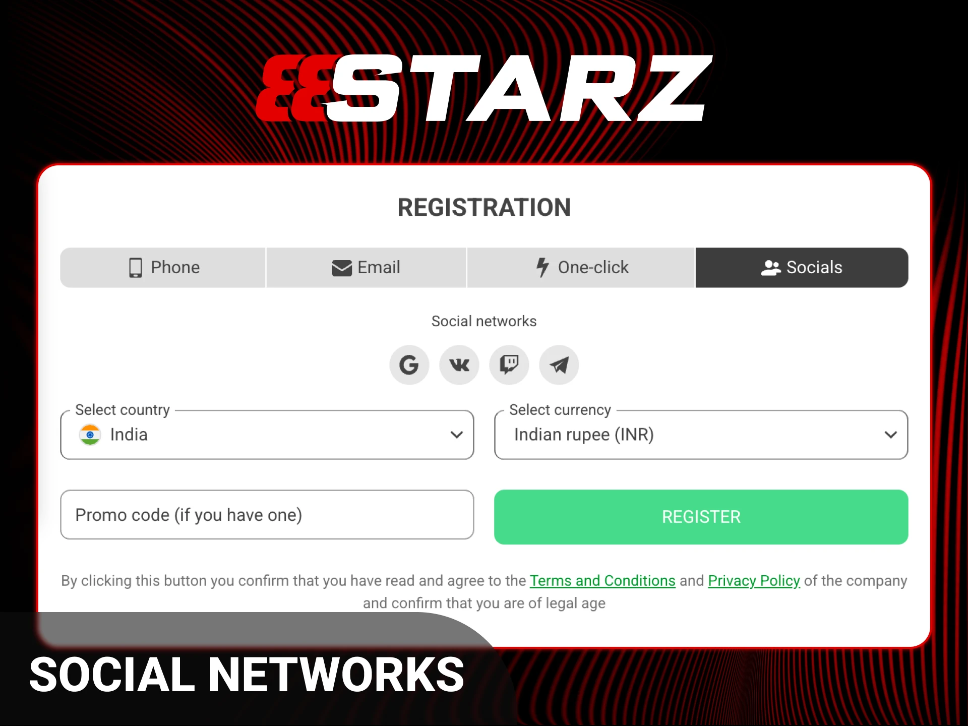 Register at 888starz via popular social networks to start playing instantly.