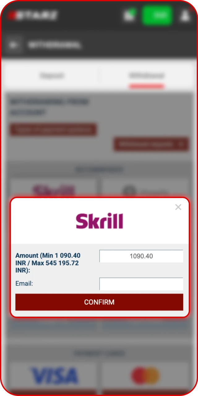 Enter Details such as the amount to finalize the 888starz Withdrawal.